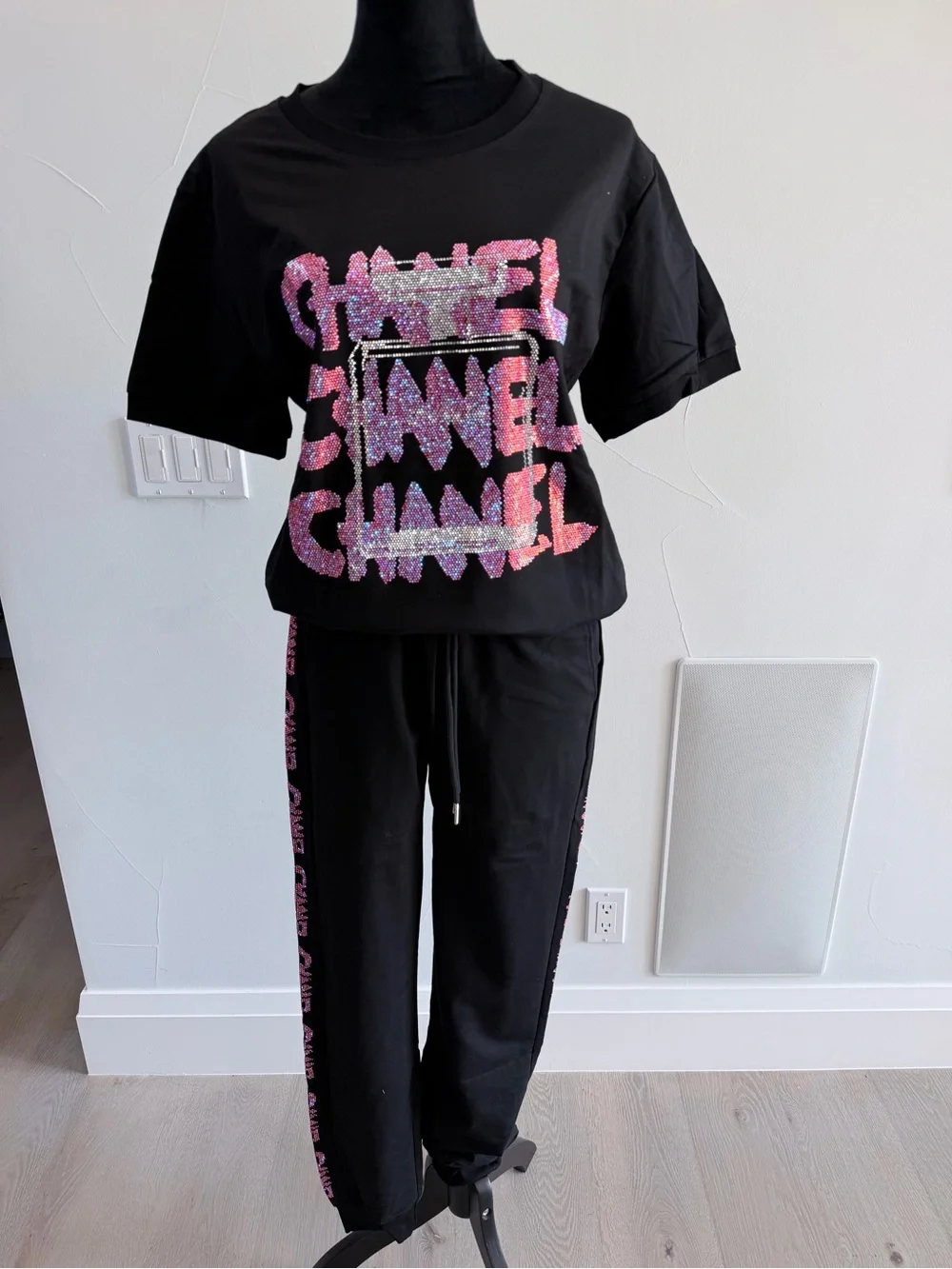 CHANEL Black Tee and Joggers with Pink Logo Detailing size S/M